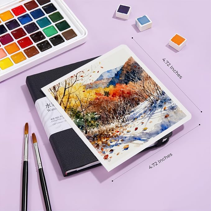 Paul Rubens Square Watercolor Journal 2 Pack 40 Sheets, 100% Cotton Acid-Free Hot Press Watercolor Sketchbook 4.72 * 4.72 Inches, 140lb/300gsm for Watercolors, Gouache, Acrylics
