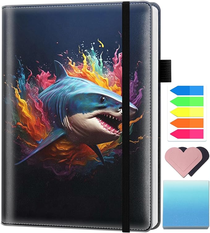 A5 Leather Lined Journal Notebook, 200 Pages Hardcover Executive Notebook for Men Women Office School Note Taking, Thick Writing Paper Daily Journal with Bookmarks/Indexes, Colorful Shark