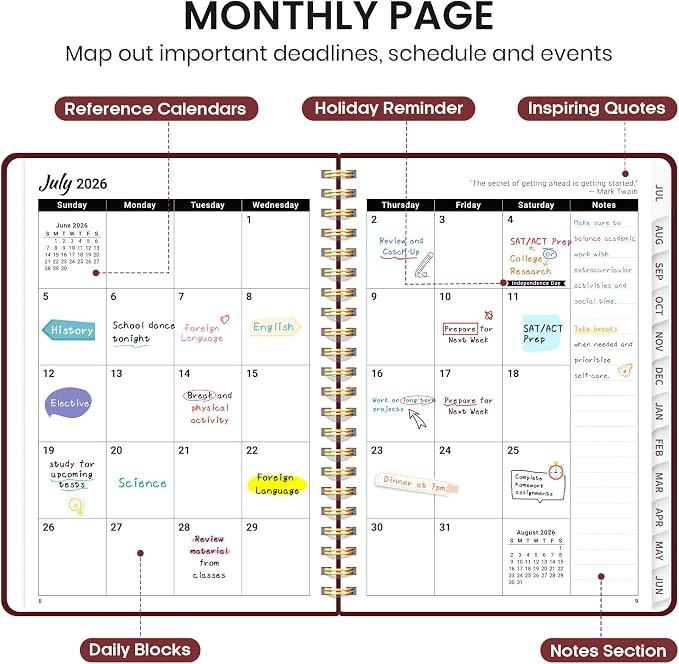 Planner 2026-2027 for Women & Men, Academic Monthly and Weekly Calendar Planner, Jul 2026 - Jun 2027, A4 (8.5" x 11"), Teacher Student Planning Book with Tabs, Ideal for Office School Supplies - Burgundy