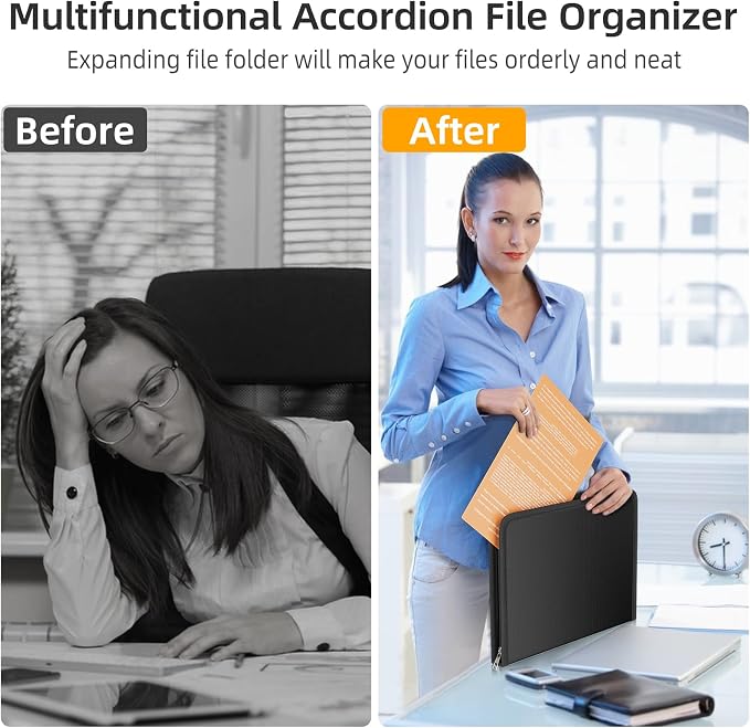 Fireproof Accordion File Organizer, Expanding File Folder with 13 Pockets | Portable Document Organizer with Waterproof Zipper & Labels, File Organizer for Important Document/Paper Storage, Black