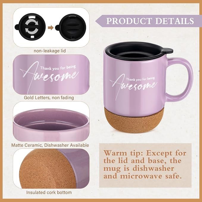 Sayglossy 4 Pcs Thank You Gift Set for Women Men Back to School Teacher Appreciation Gift Leather Notebook Inspirational Coffee Mug Scented Candle Ballpoint Pen for Employee Coworker Nurse Boss, Puple