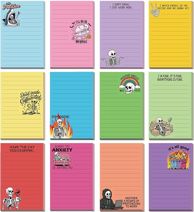 12 Pack Funny Notepads, 5x3 Inches Sarcastic Note Pads Memo Fun Office Gifts for Coworkers Work Women Men Employee Teacher Boss Desk Accessories Gifts(Skull,Multicolor)