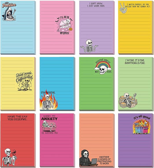 12 Pack Funny Notepads, 5x3 Inches Sarcastic Note Pads Memo Fun Office Gifts for Coworkers Work Women Men Employee Teacher Boss Desk Accessories Gifts(Skull,Multicolor)