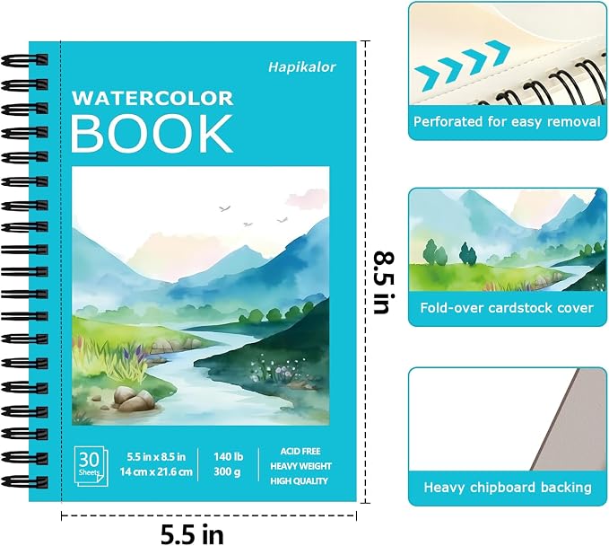 Hapikalor 5.5"x8.5"Watercolor Small Sketchbook for Kids, 30 Sheets (60 Pages) Spiral Bound, Water Color Paper, 140lb/300gsm Watercolor Paper, Watercolor Notebook, Watercolor Journal, Sketch Pad, Teal