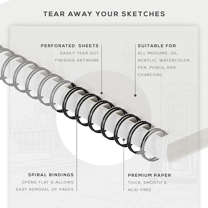Beechmore Books 9"x12" Watercolor Sketchpad - Professional Spiral Bound Sketchbook, 50 Sheets 300 GSM / 140 lb Heavyweight Acid-Free Paper, Micro-Perforated for Acrylic, Gouache and Mixed Media