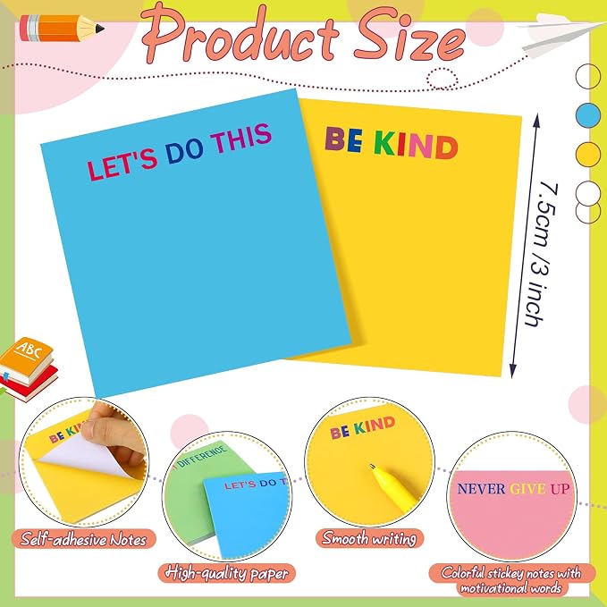 Yinder 24 Pcs Inspirational Sticky Notes, Back to School Supplies, Cute Motivational Sticky Notes Pad Employee Appreciation Gifts Bulk for Teacher Coworker Office 3 x 3'' (Motivational,Bright Color)