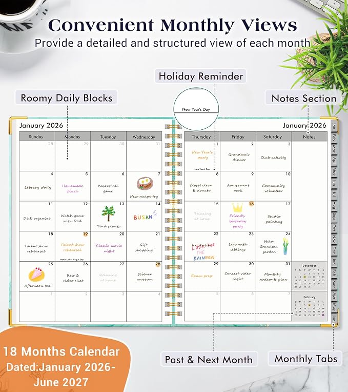 Planner 2026-2027, 18 Months Weekly and Monthly Hardcover Planner, January 2026 - June 2027, 5.75" x 8.38" A5 Daily Calendar Planner Book with Tabs, Spiral Yearly Agenda Organizer Notebook for School Work Home, Teal Marble
