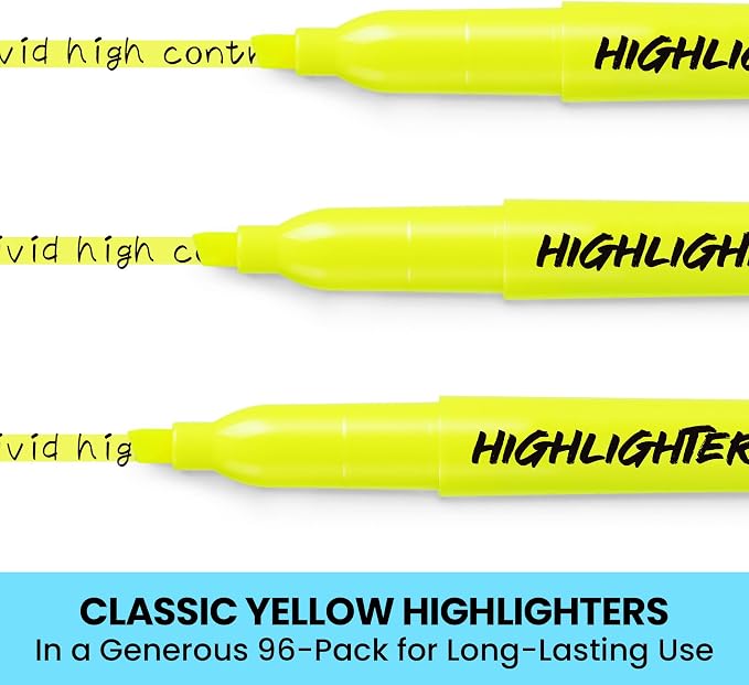 Taja Highlighters 96 Pack Value Pack, Bright Yellow, Chisel Tip Marking Pens with Clean Ink, Suitable for School, Office, and Daily Use