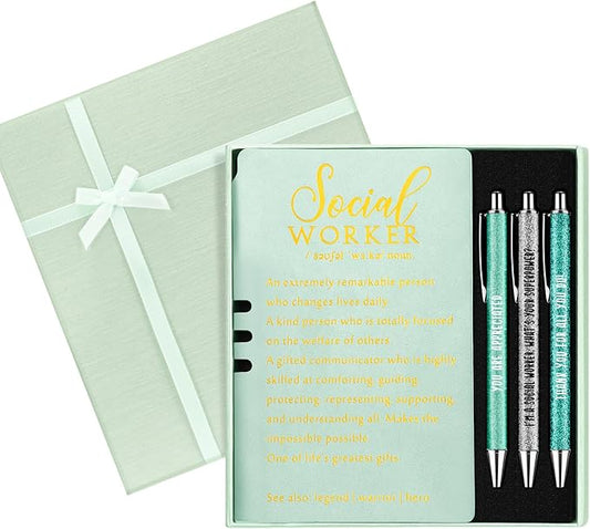 Resurhang 5 Pcs School Social Worker Must Haves Office Supplies Gift Leather Journal Notebook 3 Ballpoint Pens with Box Thank You Social Work Appreciation Gift for BSW MSW DSW(Green)