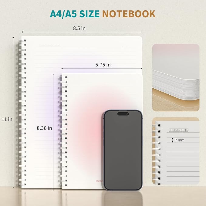 Oucaru Spiral Notebook College Ruled 2 Pack A5 (5.9" x 8.3") Journaling Notebooks 140 Pages 100 GSM Gradient Small Lined Notebook Waterproof PP Cover for Work School Business Travel Note Books