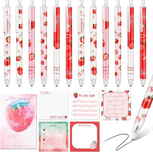 Sabary 18 Pcs Stationery Set, 12 Aesthetic Pens & 6 Sticky Notes, Valentines Gifts, Baby Shower Party, Cute Office School Supplies, Gifts for Women Students Nurses Teachers Coworker(Strawberry)