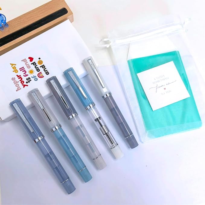 5-Pack Jinhao 58D Fountain Pen Set, Mixed Color 0.5mm Fine Nib Demonstrator | Transparent Resin Fountain Pens with Converter. Includes Pouch & Gift Bag. Ergonomic Design For Daily Office & School Use