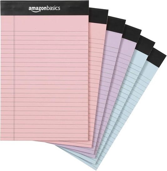 Amazon Basics Narrow Ruled Writing Pads, Perforated, 5" x 8", Multicolor, 6-Pack of 50 Sheets