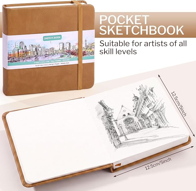 Sketch Book 5 x 5 Inch Small Blank Drawing Pad Brown Cover Portable Square Sketchbook for Pencil Charcoal Ink Gel Pen Pastel Travel Journaling Beginners Artists