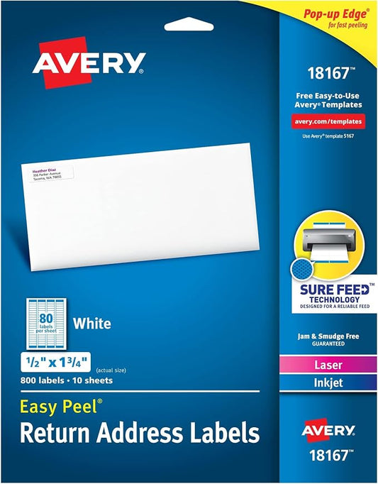 Avery White Return Address Labels | Printable | Sure Feed Technology | Permanent Adhesive | 800 Labels, Pack of 5
