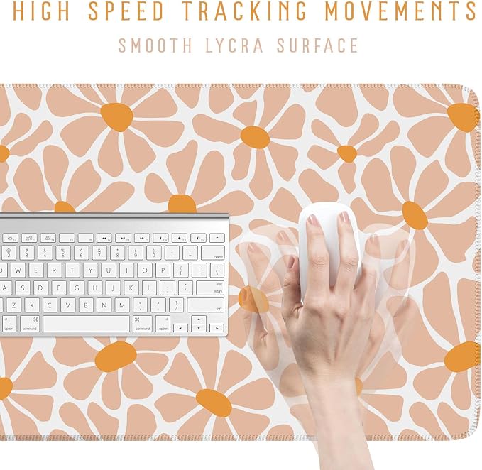 Boho Groovy Floral Leaf Mouse Pad Xl-31.5x15.7in-Desk Mousepad-Extended Aesthetic Keyboard Mouse Pad-for Desk Kid Girl with Stitched Edges Non-Slip Cozy Office Decor