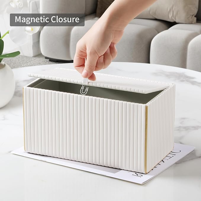 Extra Large Rectangle PU Leather Tissue Box Cover with Magnetic Closure, Decorative Tissue Holder & Storage Container for Bedroom, Living Room, Dining Room, Bathroom, Countertop, Desk & Office (White)