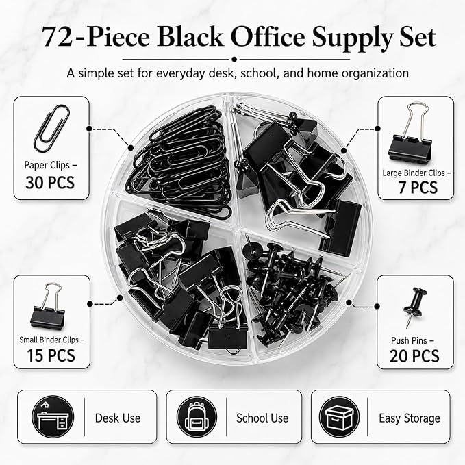 Paper Clips and Binder Clips Set, Metal Assorted Sized Binders with Push Pins, Black Office Supplies for Desk, Durable Desk Accessories