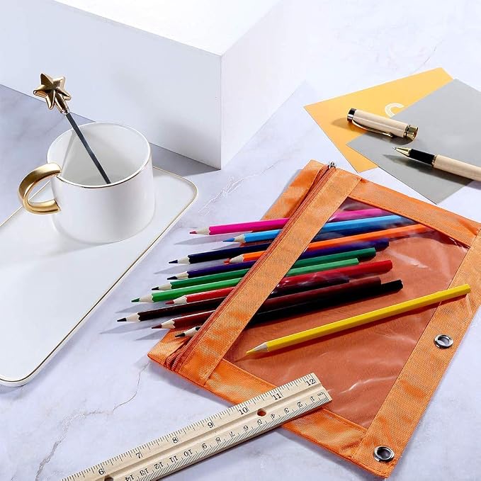 Zippered Pen Pencil Binder Pouch | 3 Rings with Clear Window for School Classroom Organizers 8 Pcs (Orange)