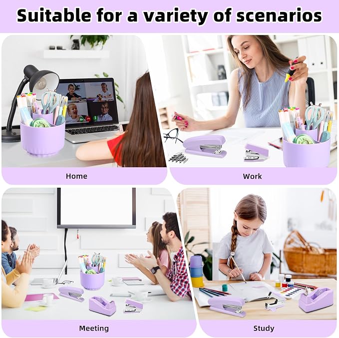 VZZNN Purple Office Supplies Set - 12-Piece Desk Organizer with 360° Pen Holder, Tape Dispenser, Stapler, Scissors, Ruler, Staple Remover, 1000 Staples, Tape, Clips, Sticky Tabs & Notes
