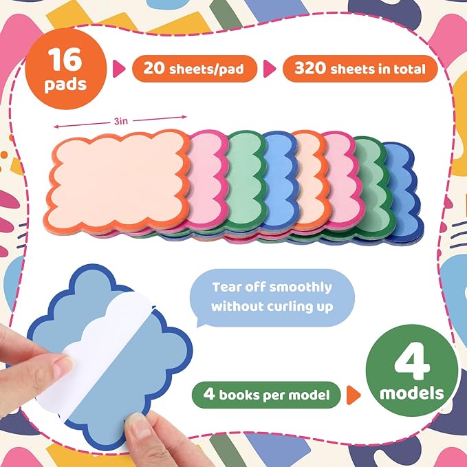 JarThenaAMCS 16 Pack Scalloped Sticky Notes Colorful Wavy Edge Memo Pads 3 Inch Blue Orange Pink Green Self-Adhesive Notepads for School Office Home Accessories Decor, 320 Sheets