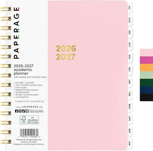 PAPERAGE Academic Planner, Weekly & Monthly Planner & Calendar, 12-Months, July 2026 - June 2027, (7" x 8"), School & Student Planning Agenda with Tabs, Bonus Pages & Inner Pocket, Pink