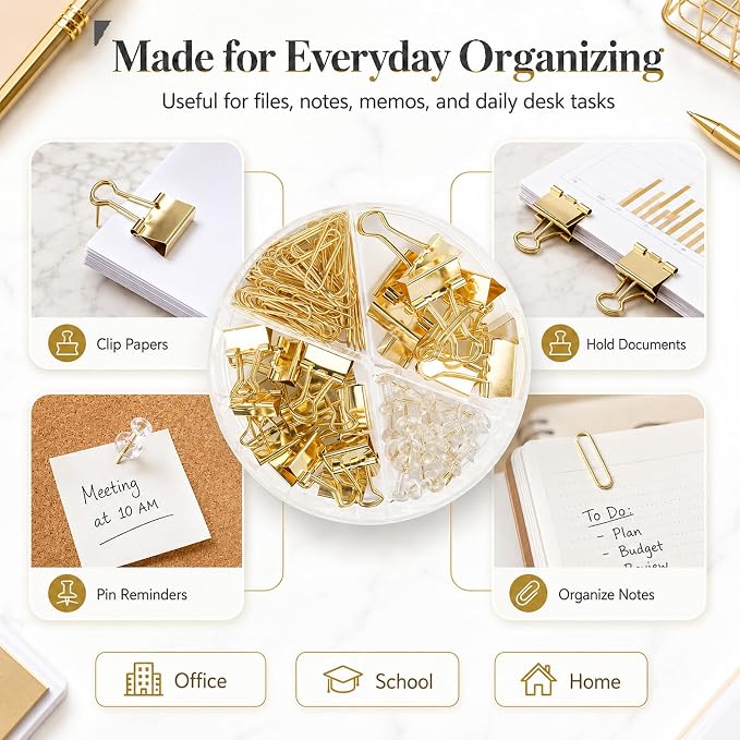Gold Paper Binder and Clips Set, Metal Assorted Sized Binders with Push Pins, Cute Office Supplies, Teacher Desk Must Haves, Desk Accessories