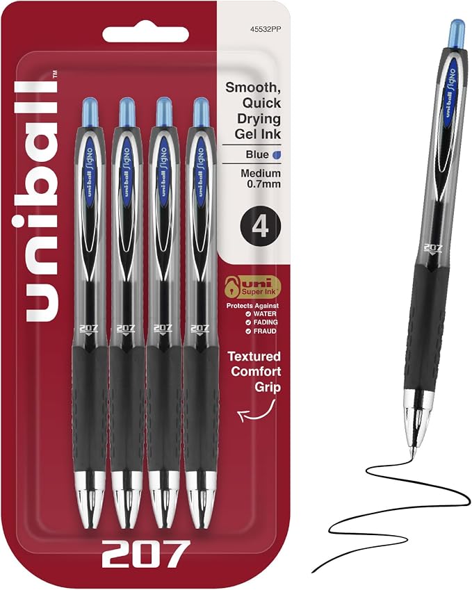 uniball™ 207 Gel Pens, Blue Ink, 0.7mm Medium Point, Retractable, 4 Count, Smooth Writing, Fraud-Resistant, uni Super Ink™