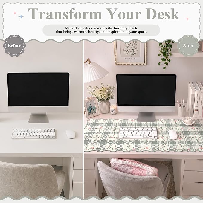 iCasso Leather Scalloped Checkered Desk Mat, XXL Flower Mouse Pad, Back to School Desk Matt for Desktop, Anti-Slip Big Cute Mousepad with Stitched Edges for Home Office Decor (Light Green)
