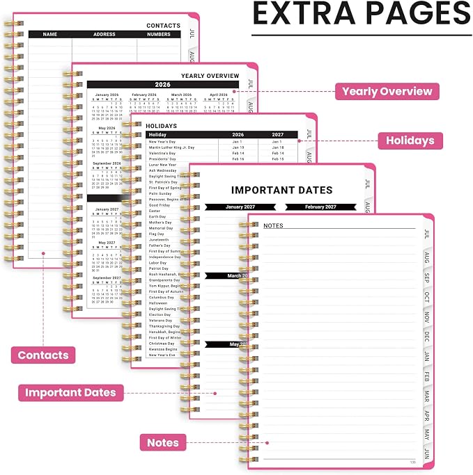 Planner 2026-2027 for Women & Men, Academic Monthly and Weekly Calendar Planner, Jul 2026 - Jun 2027, A5 (6.3" x 8.5"), Teacher Student Planning Book with Tabs, Ideal for Office School Supplies - Berry Pink