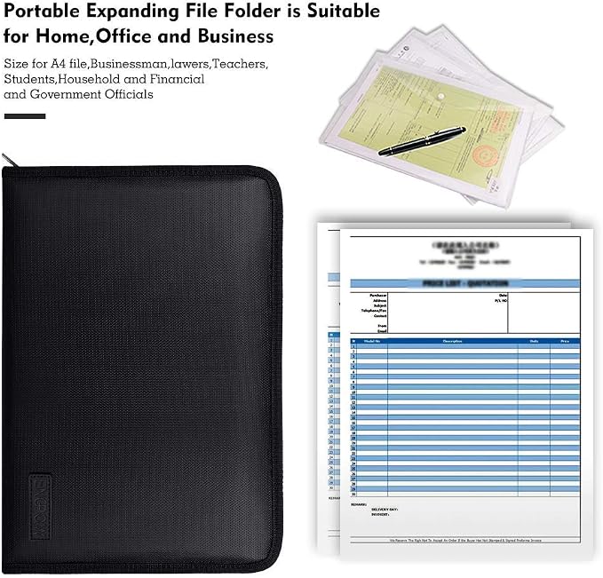 ENGPOW Expanding File Folder,Fireproof 25 Pockets Document Organizer Bag | Accordion File Organizer with Zipper＆Labels,Portable Home Travel Safe Storage for Important Files,Papers,Letter Size,Black