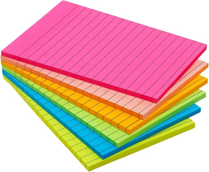 6 Pack 4x6 Lined Sticky Notes, 270 Sheets Super Sticky Memo Pads with Lines | Colorful Self-Stick Notes for Office, School, Teacher Supplies, Study Notes, To Do Lists & Daily Reminders