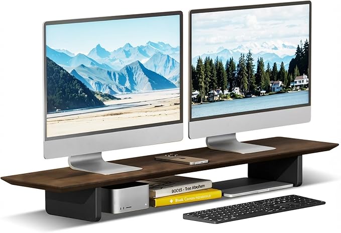 EXPERLAM Solid Wood Dual Monitor Stand Riser, 43 Inch Rubberwood Desk Shelf for Top of Desk, Wood Monitor Stand for Desk 2 Monitors up to 27", Desktop Organizer for Laptop, TV, Printer