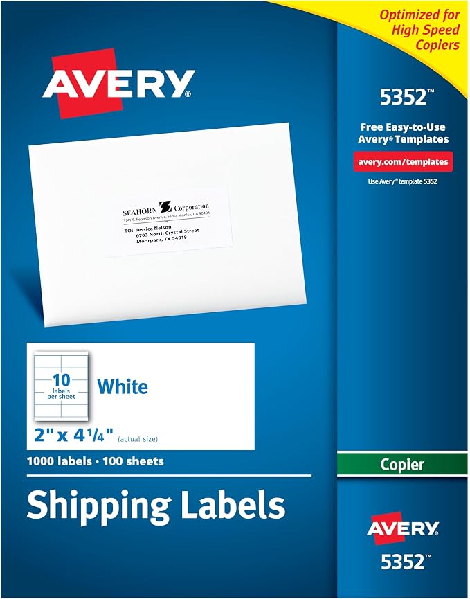 Avery Printable Shipping Labels for Copiers, 2" x 4.25", White, 1,000 Blank Mailing Labels (5352)