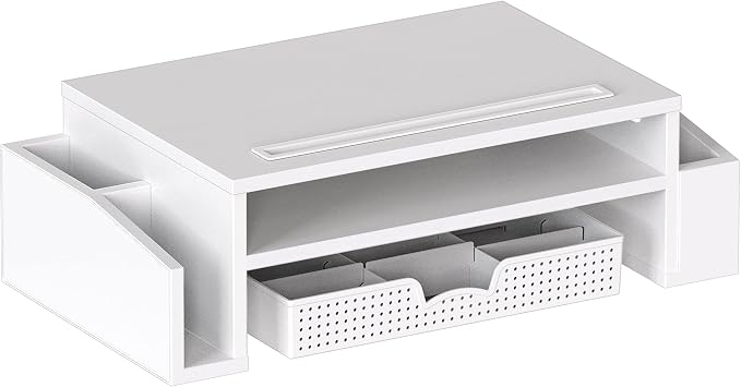 Simple Houseware Desk Monitor Stand Riser w/ Adjustable Tray, White | Built-In Tablet Slot and Side Storage