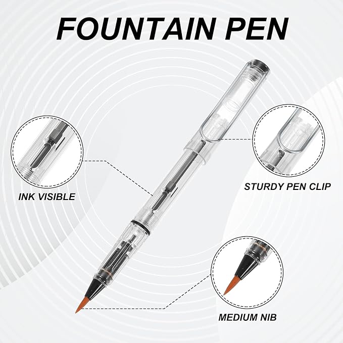 PATIKIL 4Pcs Calligraphy Brush Pens, Fountain Ink Brush Pen Refillable with 10Pcs Ink Refill for Writing Lettering Drawing Chinese Japanese Signature, Transparent