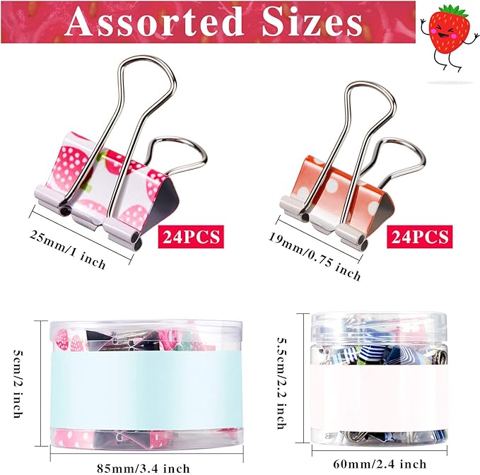 Outus 48 Pcs Colorful Binder Clips with Box, 2 Sizes, 0.75 in & 1 in | Decorative printing, small mini clips, paper notebook organizer, assorted designs, storage box included