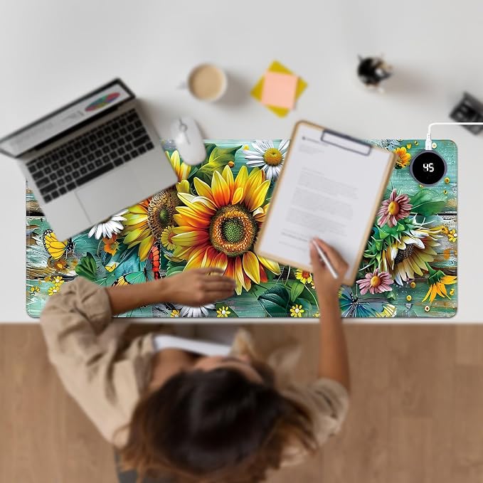 Heated Desk Pad Large Mouse Pad 31.5 x 13 inch with 3 Levels Heating & Auto Shut-Off Warm Mouse pad PU Leather Computer Mousepad for Home Office Work - Flower Butterflies