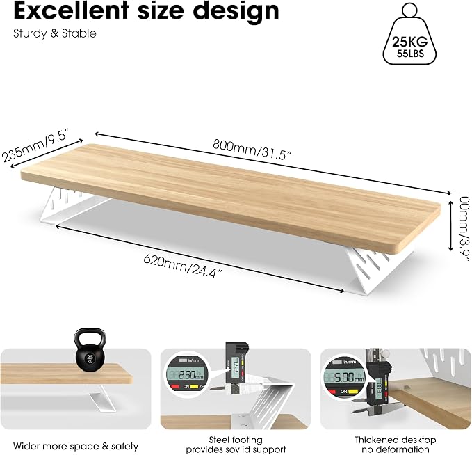 Fenge Monitor Stand Riser, Wooden & Metal Desk Shelf Organizer, Oak | 31.5 Inch Computer Stand for Compact Work Station, Multifunctional Monitor Shelf for Laptop, PC, Printer
