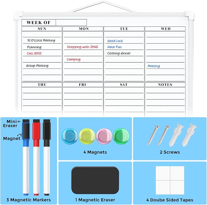 MaxGear Weekly Calendar Dry Erase Board for Wall, 16"x12", White Frame | Double-Sided, Hanging Small White Board, Portable Whiteboard for Planning, Drawing, Memo, to Do List, Home, Kitchen, Office