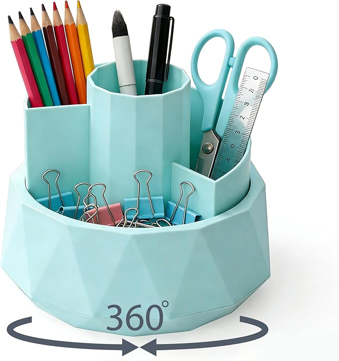360° Rotating Pen Holder, Large Capacity Pencil Organizer with 4 Compartments for Office and Art Supplies (Blue)