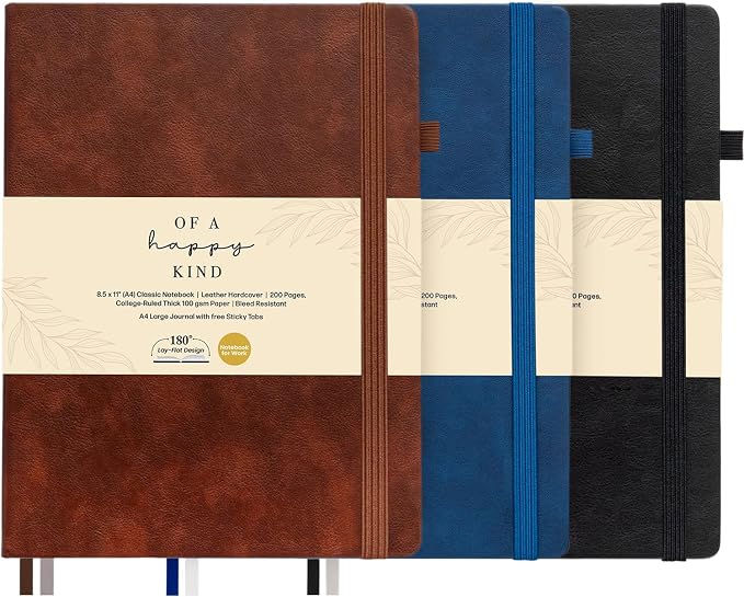 3 Pack Classic Hardcover Lined Notebooks - 8.5x11" A4 Leather Journal with 200 Pages, Sticky Tabs, Pockets, Pen Loop & Ribbon Bookmarks - Large Notebooks for Work, School, Journaling - Campus Notebook