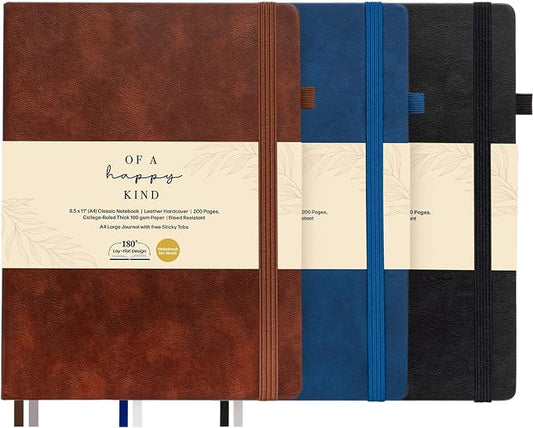 3 Pack Classic Hardcover Lined Notebooks - 8.5x11" A4 Leather Journal with 200 Pages, Sticky Tabs, Pockets, Pen Loop & Ribbon Bookmarks - Large Notebooks for Work, School, Journaling - Campus Notebook