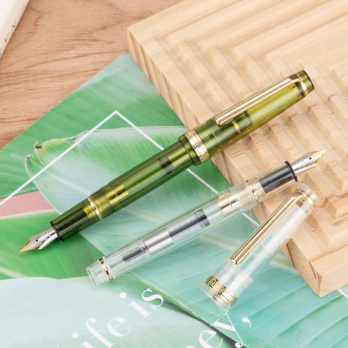 Jinhao 82 Acrylic Fountain Pen, Iridium Fine Nib with Ink Converter, Transparent Olive Green Classic Design Smooth Writing Pen (Gold Trim)