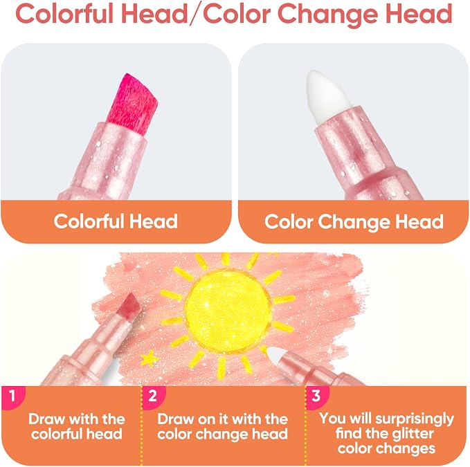 JoyCat 10-Pack Glitter Color Changing Markers for Kids, Dual Tip Magic Pens | Glitter markers use white tips for color-changing effects, art supplies for drawing, coloring, crafts and stationery sets.