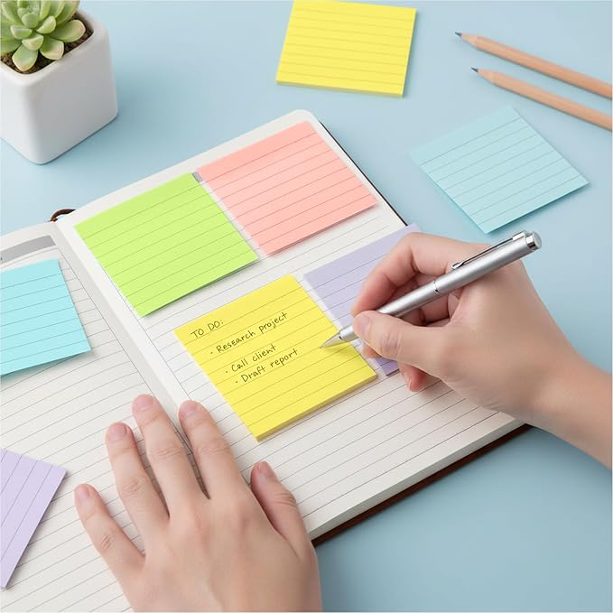 Lined Sticky Notes, Sticky Notes with Lines 18 Pads 9 Colors 3x3 50 Sheets Large Self-Stick Lined Stickies College Ruled Note Pads Teacher Back to School Supplies and Oﬃce Products