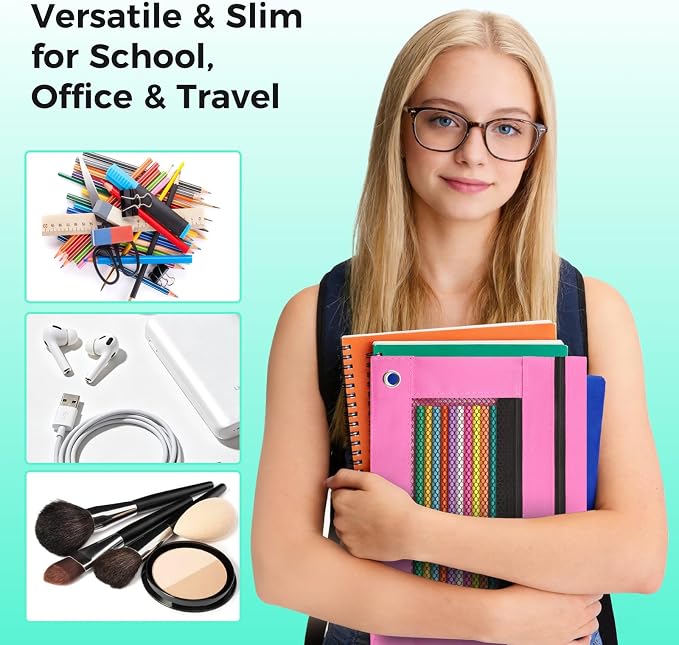 Pencil Pouch for 3 Ring Binder, Pencil Case with Zipper, 600D Fabric Pencil Pouch Bag Holder Accessories, Clear Window Pencil Case Aesthetic Back to School Organizer Pockets for Boy Girl (Pink)