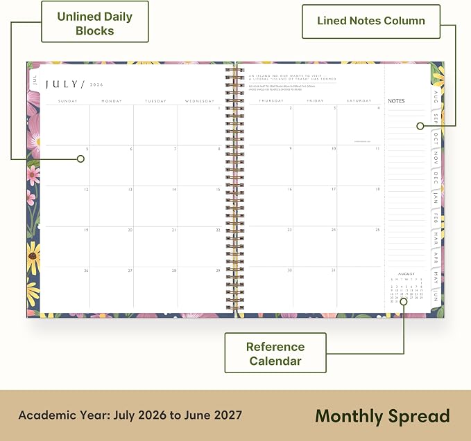 Blue Sky 2026-2027 Weekly & Monthly Academic Planner, 8.5"x11", Gail | July 2026 - June 2027, Flexible Cover From Recycled Plastic, Wirebound, Laminated Tabs, Storage Pocket, Academic Year