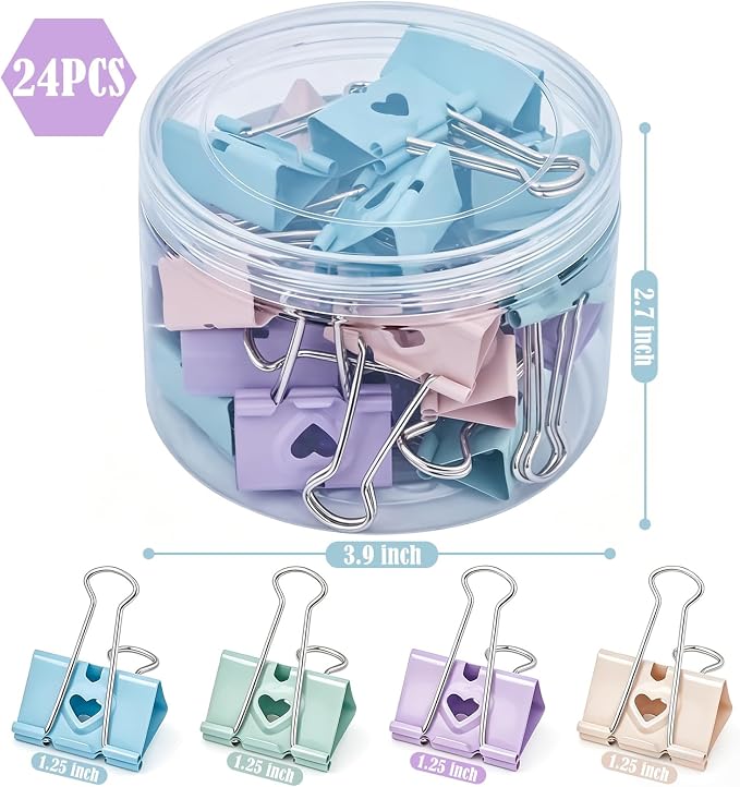 BAYTORY 24Pcs Pastel Binder Clips, 1.25 Inch (32 mm) Medium Binder Clips | with Clear Storage Container, Paper Clamps for School Teachers Office Supplies (32mm)