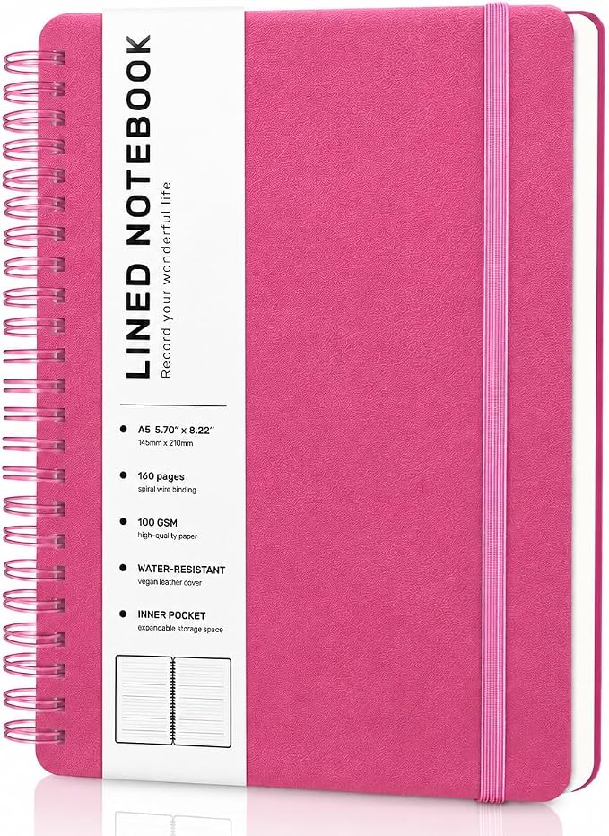 Lined Spiral Journal Notebook with 160 Pages, 8×5.7in, A5 Spiral Notebook, Journaling Notebooks for Work, School, Women, Men, College Ruled Spiral Notebook, Hardcover Leather Journals, Deeppink